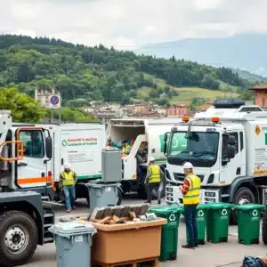Foto della gestione dei rifiuti industriali a Firenze, con camion specializzati, operai in abbigliamento di sicurezza e attrezzature per la raccolta e smaltimento dei rifiuti.