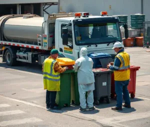 Una scena di gestione dei rifiuti nella città italiana di Palermo, dove un camion professionale è parcheggiato vicino a un sito industriale.