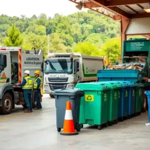 Camion specializzati, operai in abbigliamento di sicurezza e attrezzature per la raccolta e smaltimento dei rifiuti in un'azienda di Cagliari.