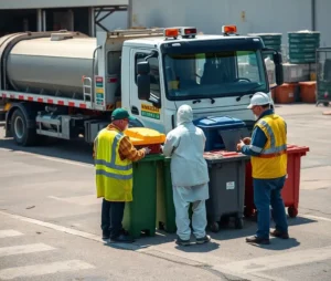 Una scena di gestione dei rifiuti nella città italiana di Palermo, dove un camion professionale è parcheggiato vicino a un sito industriale.